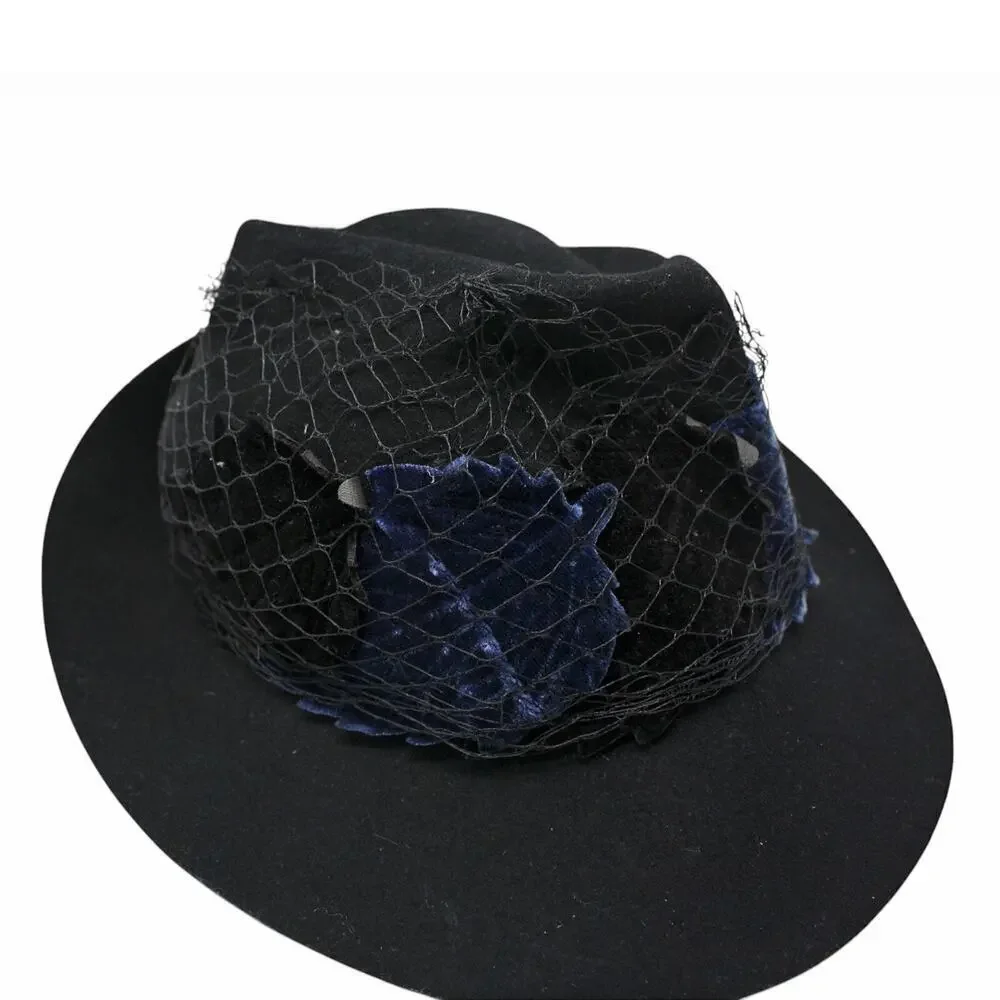 Vintage 1940s Hat Black Shaped Wide Brim w Velvet Appliques Net Veil - Hey Viv - Picture 6 of 9